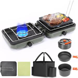 Hisencn 2 Burner Propane Camping Stove, 30000 BTU Foldable Portable Gas Stove with Cookware Set & Carry Bag, Outdoor Cooking for Camping, RV, Emergency Use, Green