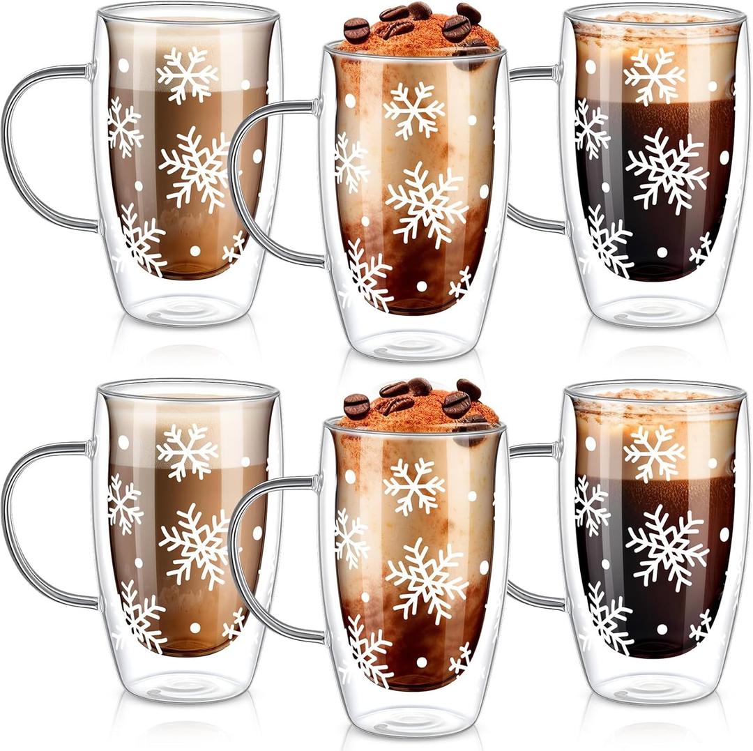Sliner 6 Pack Christmas Snowflake Double Wall Glass Coffee Mugs with Handle 15 oz Clear Insulated Glasses Cups Winter Holiday Mugs for Cappuccino Latte Espresso Tea Bag Beverage Hot Chocolate