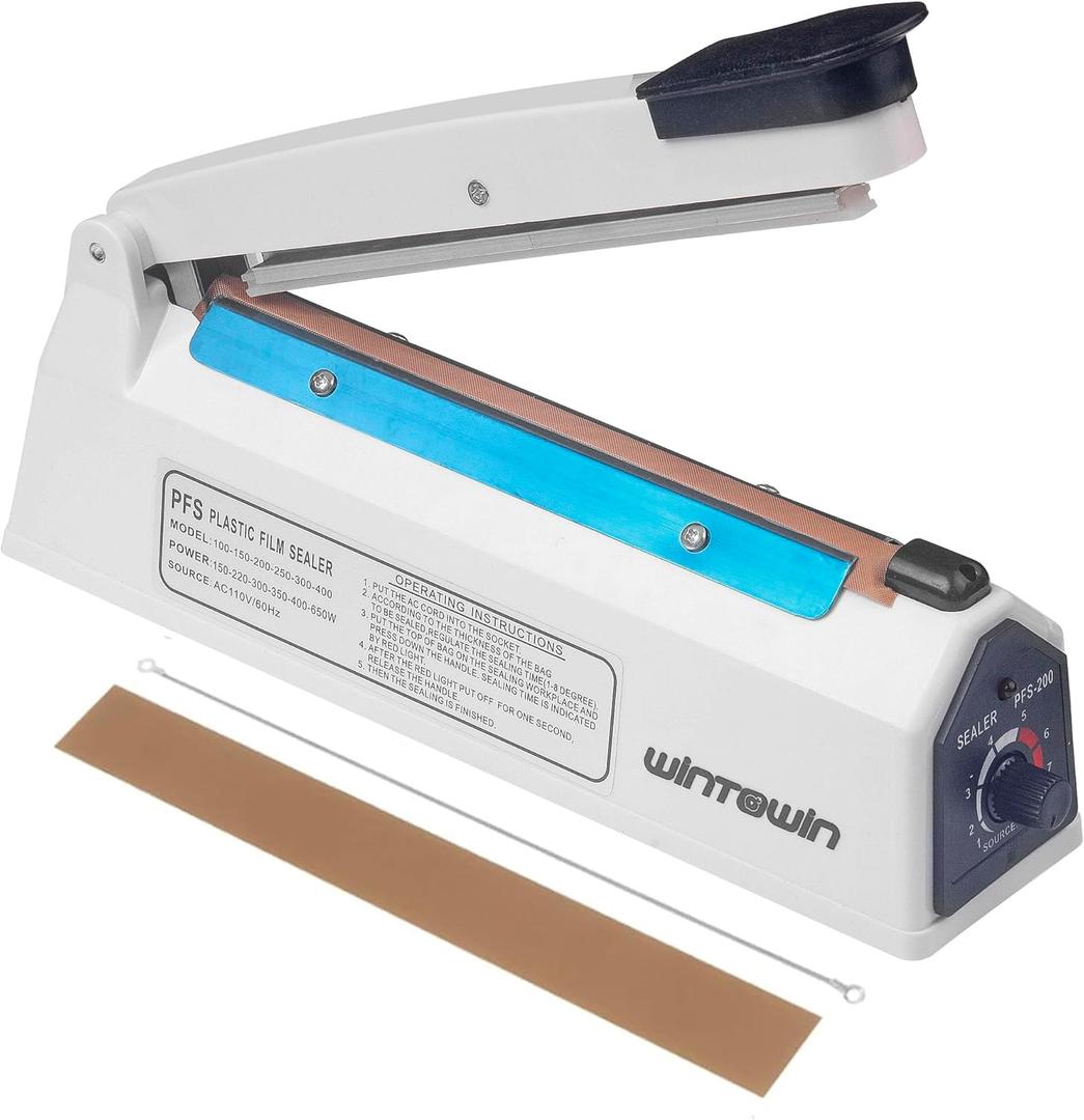 Impulse Heat Sealer 8 inch Impulse Bag Sealer Poly Bag Sealing Machine Heat Seal Closer for Plastic Bags PE PP Bags