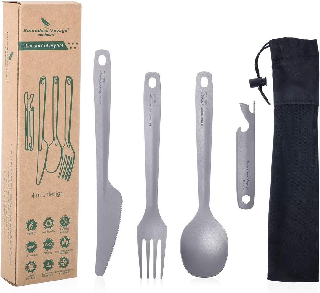 Boundless Voyage Utility Cutlery Set Titanium Spoon Fork Knife & Bottle Opener for Travel Camping in Easy to Store Cloth Case Ti1066T