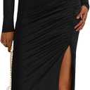 BTFBM Formal Dresses for Women 2026 Spring Long Sleeve Mock Neck Ruched Bodycon Slit Maxi Wedding Guest Dress Cocktail (Large, Black)