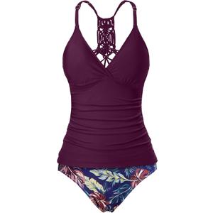 Holipick Tummy Control Two Piece Tankini Set Swimsuits for Women V Neck Tankini Top Bathing Suits with Swim Bottom (L)