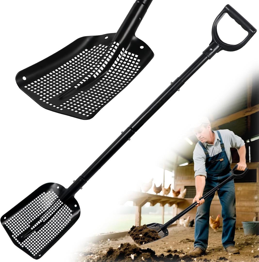 Heavy Duty Sifting Shovel with Adjustable Handle (26"-48")  Metal Sand Sifter Scoop with D-Grip for Chicken Coop, Beach, Farm Goat Stall & Garden Poop Cleaning  Durable Mesh Design