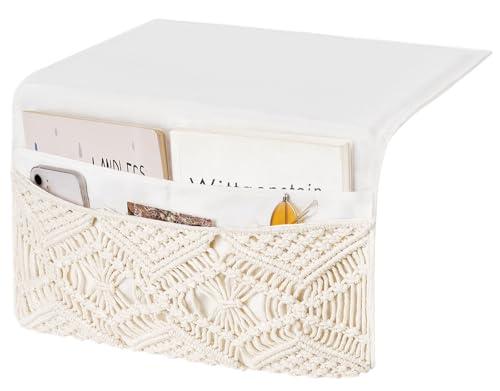 Mkono Macrame Bedside Caddy Storage Organizer Boho Remote Control Tablet Magazine Holder with 4 Pockets Non-slip Countertop Bedside Caddy for Home Bedroom Living Room College Dorm Bed, Ivory, Large