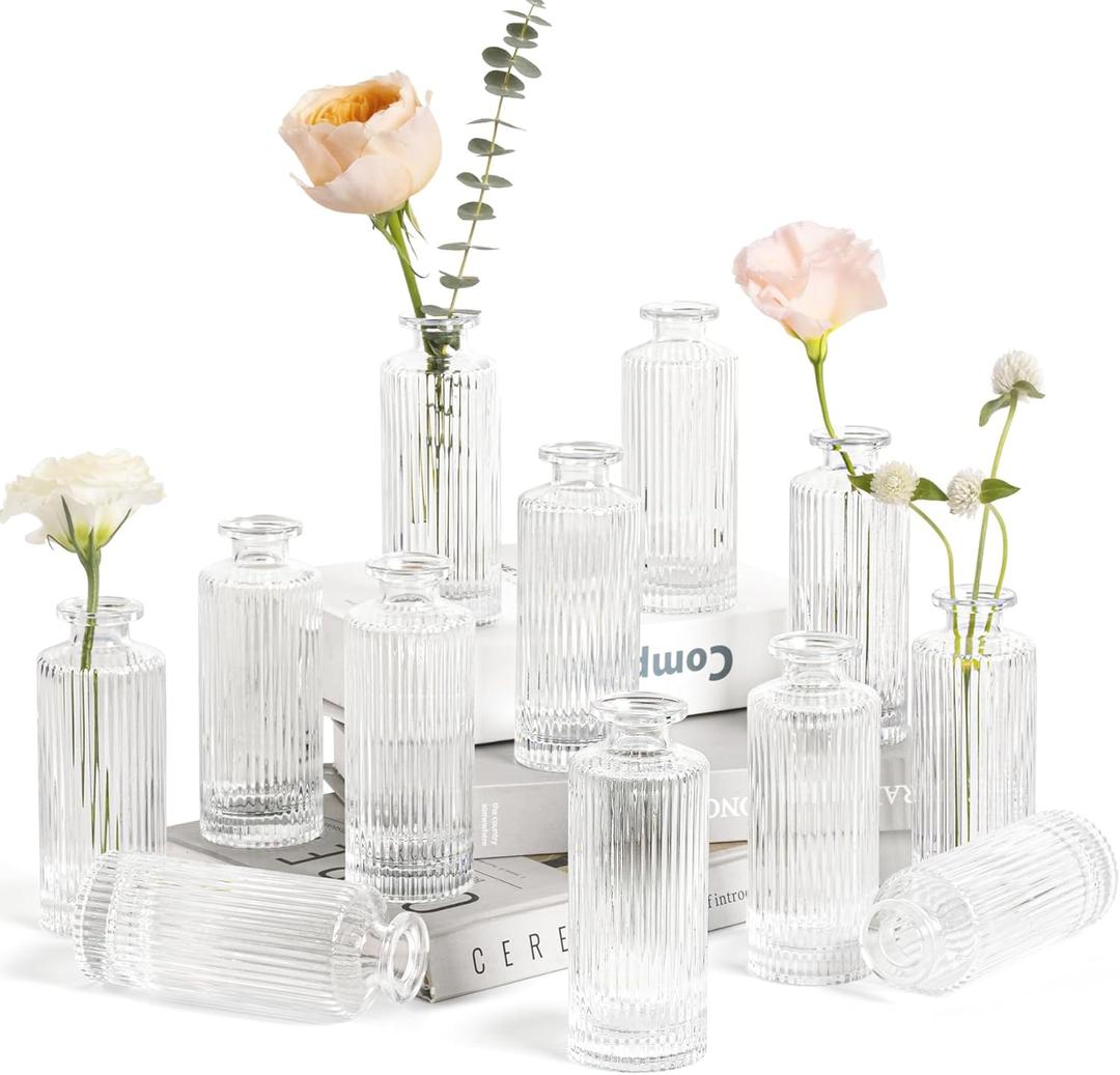ComSaf Small Bud Vases Set of 12, 5.2 inch Glassl Bud Vase in Bulk, Mini Flower Vase for Centerpiece, Vintage Decorative Vase for Flowers, Wedding, Christmas, Home Decor, Housewarming Gift (Clear)