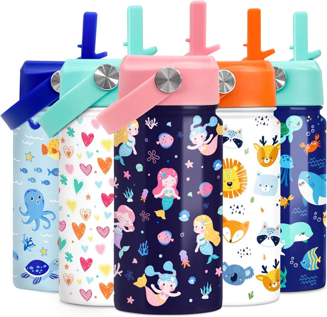 Mermaid Kids Water Bottle - 12 Oz Insulated Stainless Steel - Straw Lid for Toddlers & Kids - School & Sports Travel Cup