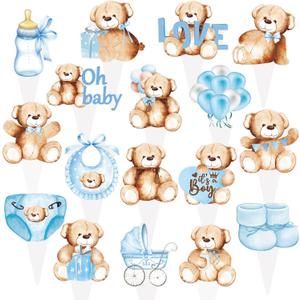 48Pcs We Can Bearly Wait Cupcake Toppers Teddy Bear Birthday Party Supplies Glitter Teddy Bear Cupcake Toppers Decorations for Baby Shower Bear Theme Birthday Party Gender Reveal Party Supplies (Blue)