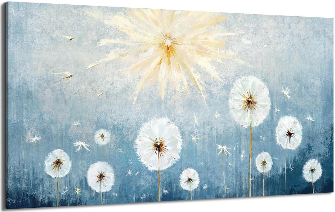Nicetop Oversized Wall Art for Living Room Extra Large Blue and White Floral Landscape Canvas Print, Botanical Wildflower Dandelion Picture, Nature Artwork for Big Bedroom Office Decor, 58x29 Inch