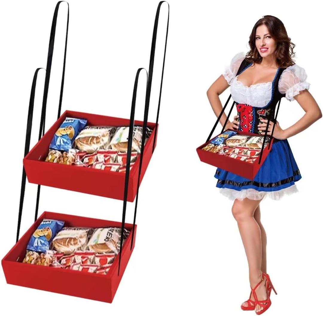 2 Pcs Wearable Usherette Trays, 20's Theme Costume Accessory, Hands-Free Movie Snack & Halloween Popcorn Trays, Collapsible Hawker Tray for Stadium & Parties, 12.6 x 11 x 3.2 in, Red