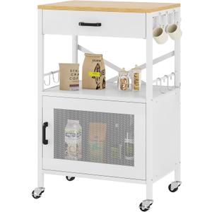 Homeiju Kitchen Island Cart, Kitchen Storage Cart with Drawer, Microwaves Stand, Coffee Cart, Rolling Kitchen Cabinet Cart with Hooks for Kitchen, Dining Room, White