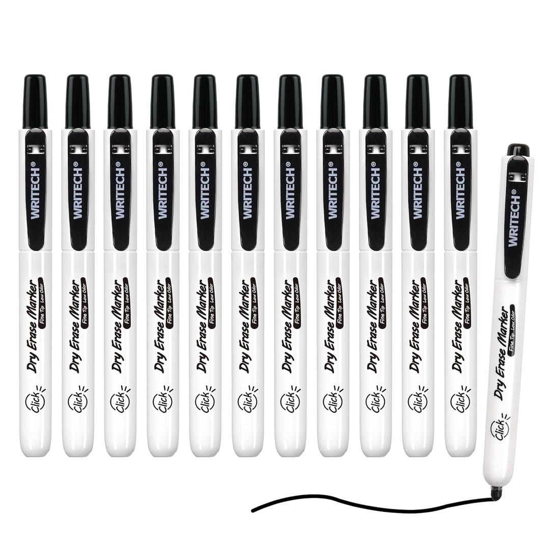 WRITECH Retractable Dry Erase Markers: Fine Point Clickable Black Colored Ink Marker Low Odor Erasable Thin Tip Refillable Whiteboard Marker Pen Set 12ct No Bleed Smear