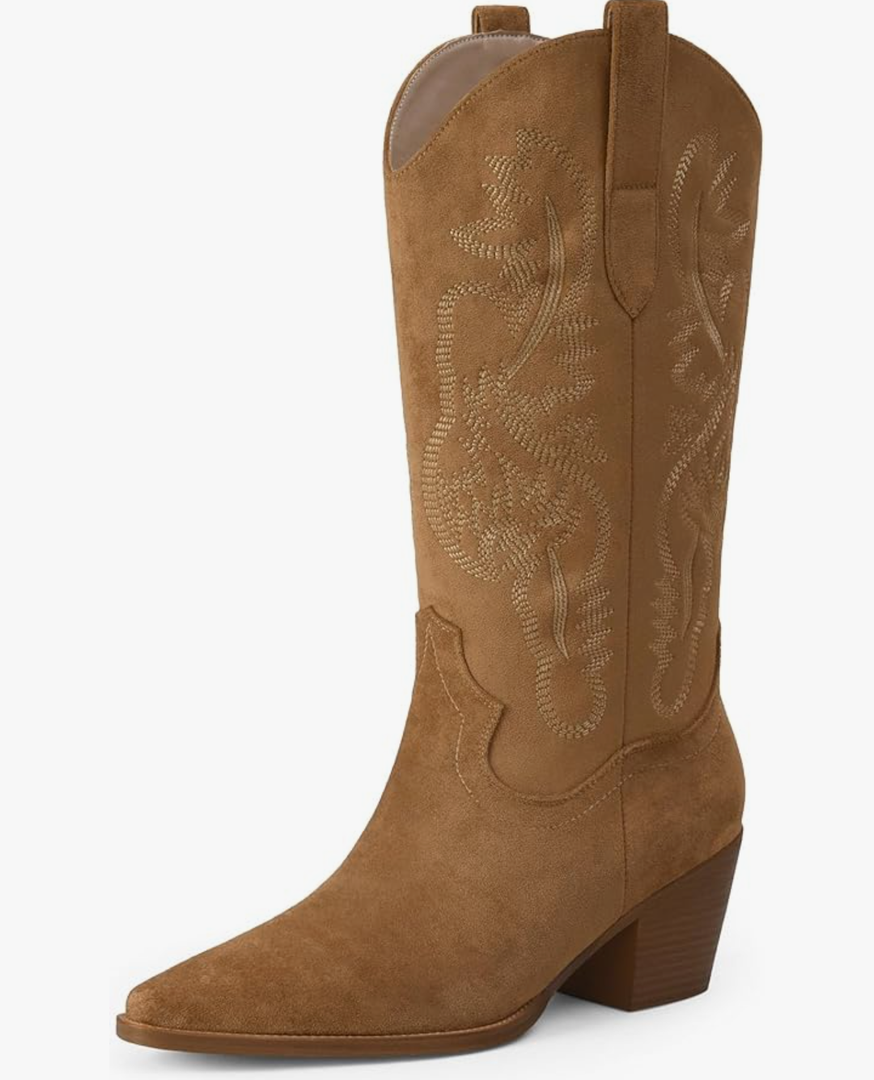 iiimmu Cowgirl Boots Women Knee High Boots Pointed Toe and Block Heel Cowboy Suede and Faux Leather Boots with Embroidered 7.5