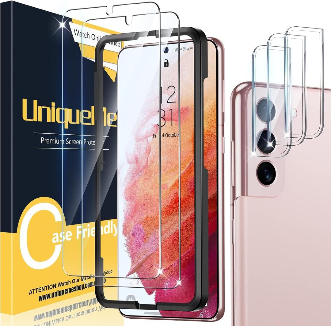 UniqueMe [2+3 Pack Compatible with Samsung Galaxy S21 5G - 6.2 inch Tempered Glass + Camera Lens Protector Screen Protector with Easy Installation Frame[9H Hardness][Not for Samsung S21 Plus] (Transparent)