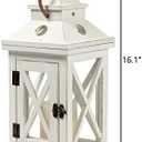 Solid Wood White Lanterns Decorative 16", Farmhouse Hanging Hurricane Lantern Outdoor Wedding Pillar Candle Holder with Windproof and Waterproof Glass for Fireplace Mantle Decor