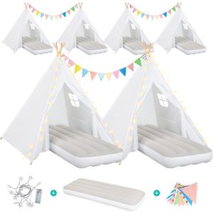 6 Pack Teepee Tent for Kids Sleepover Party Indoor, Gift Set with Inflatable Airbeds with Star Lights & Colored Flags, Washable & Foldable Toddler Slumber Party Tent for Girls & Boys, White