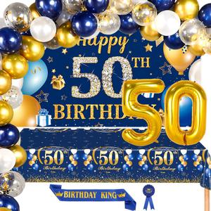 50th Birthday Decorations for Men  Blue and Gold Party Supplies with Backdrop, Balloon Arch, Tablecloth, Birthday King Sash, Pin, and Number 50 Foil Balloons for Birthday Party and Celebration