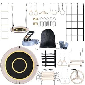 Hapfan 60 FT Ninja Warrior Obstacle Course Swing Set for Kids with Weather-Proof Accessories, Outdoor Playset with Monkey Bars for Backyard