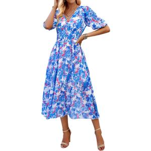 Womens Floral Flowy Wrap V Neck Midi Dress Short Sleeve Elastic Waist Casual Spring Summer Dresses for Women 2025 (Blue, XL)