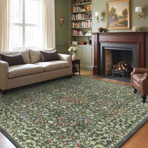 GENIMO Large 8x10 Area Rug for Living Room, Boho Floral Vintage Non-Slip Carpet, Soft Low-Pile Lightweight Indoor Rug, Stain Resistant Thin Rug for Bedroom, Dining Room, Nursery, Emerald Green