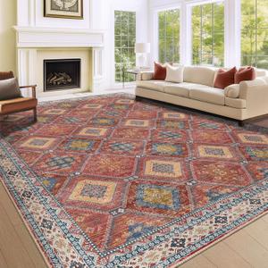 9x12 Area Rug Bohemian Rugs with Print Trellis Pattern Stain Resistant Washable Carpet for Living Room and Dinning Room Red/Orange/Blue