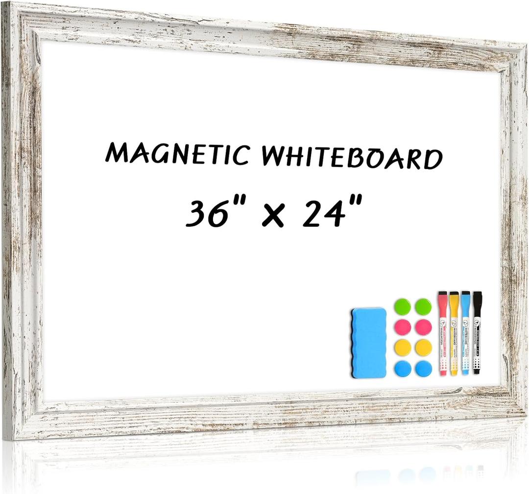 White Board for Wall, 36'' x 24'' Magnetic Dry Erase Board, Decorative Whiteboard with Vintage Wooden Frame, Hanging Writing Board for Home Office School Dorm