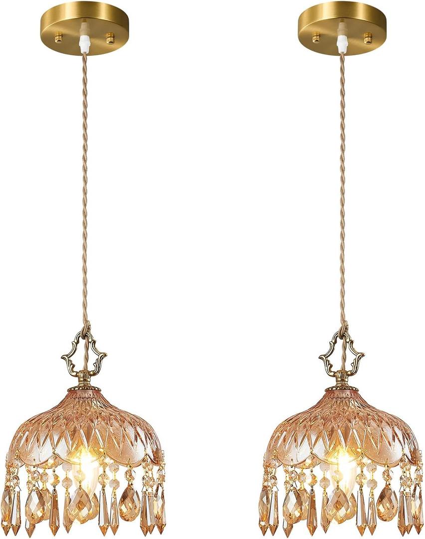 JXJYHL Brass Vintage Glass Pendant Light Crystal Hanging Light Fixtures,Adjustable Height Amber Glass Pendant Lights for Kitchen Island Dining Room Living Room Bedroom Hallway(Amber,2-Pack)