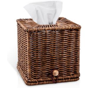 Rattan Tissue Box Cover Square Natural Woven Decorative Rectangle Tissue Box Holder Bathroom Napkins Roll Paper Face Towels Organizer on Table Rustic Boho Decorative 5.5 X 5.5 X 5.9in