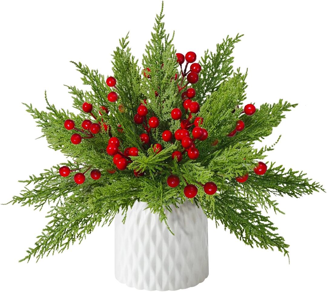 Norfolk Pine Stems 35Pcs & Red Berry Picks 10Pcs, Real Touch Artificial Christmas Greenery for DIY Tree Decor, Christmas Floral Arrangements, Wreaths, Centerpieces - Christmas Flowers Fake Bouquet