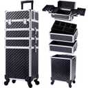 Stagiant Rolling Makeup Case Cosmetology Case on Wheels 4 in 1 Large Cosmetic Organizer Train Case Makeup Travel Case with Key Swivel Wheels Nail Artist Salon Storage Traveling Cart Trunk Black