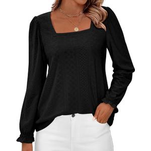 Okiwam Womens Long Sleeve Shirts Fall 2026 Square Neck Dressy Casual Blouses Eyelet Tunic Tops Fashion Outfits Clothes (Black, M)