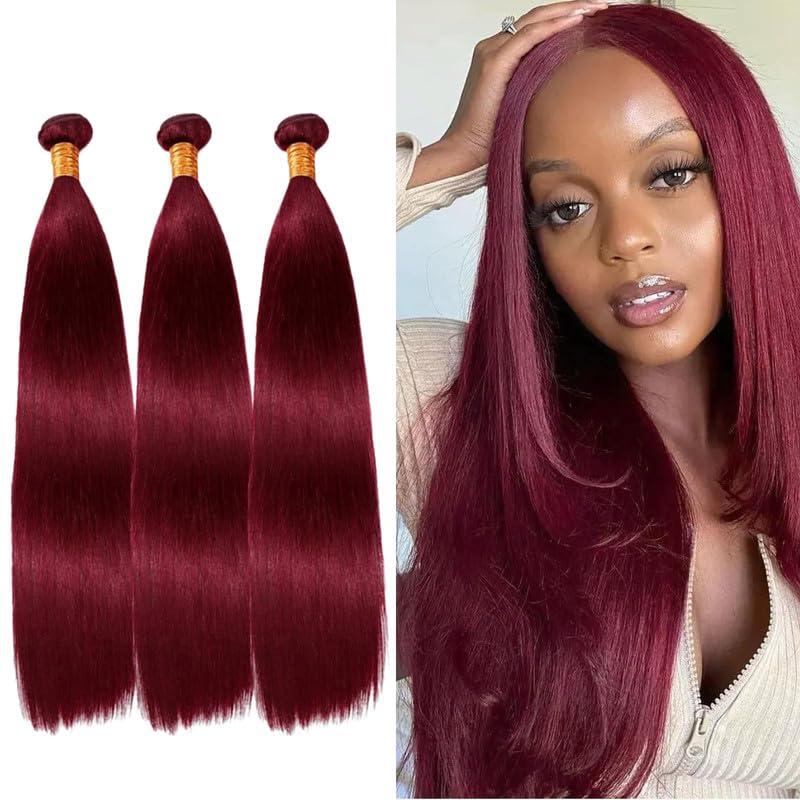 Straight Human Hair Bundles Burgundy Hair Bundle 3 Bundles 14 16 18 Inch Brazilian Virgin Sew in Hair Weave for Black Women (Burgundy,300g/Pack)
