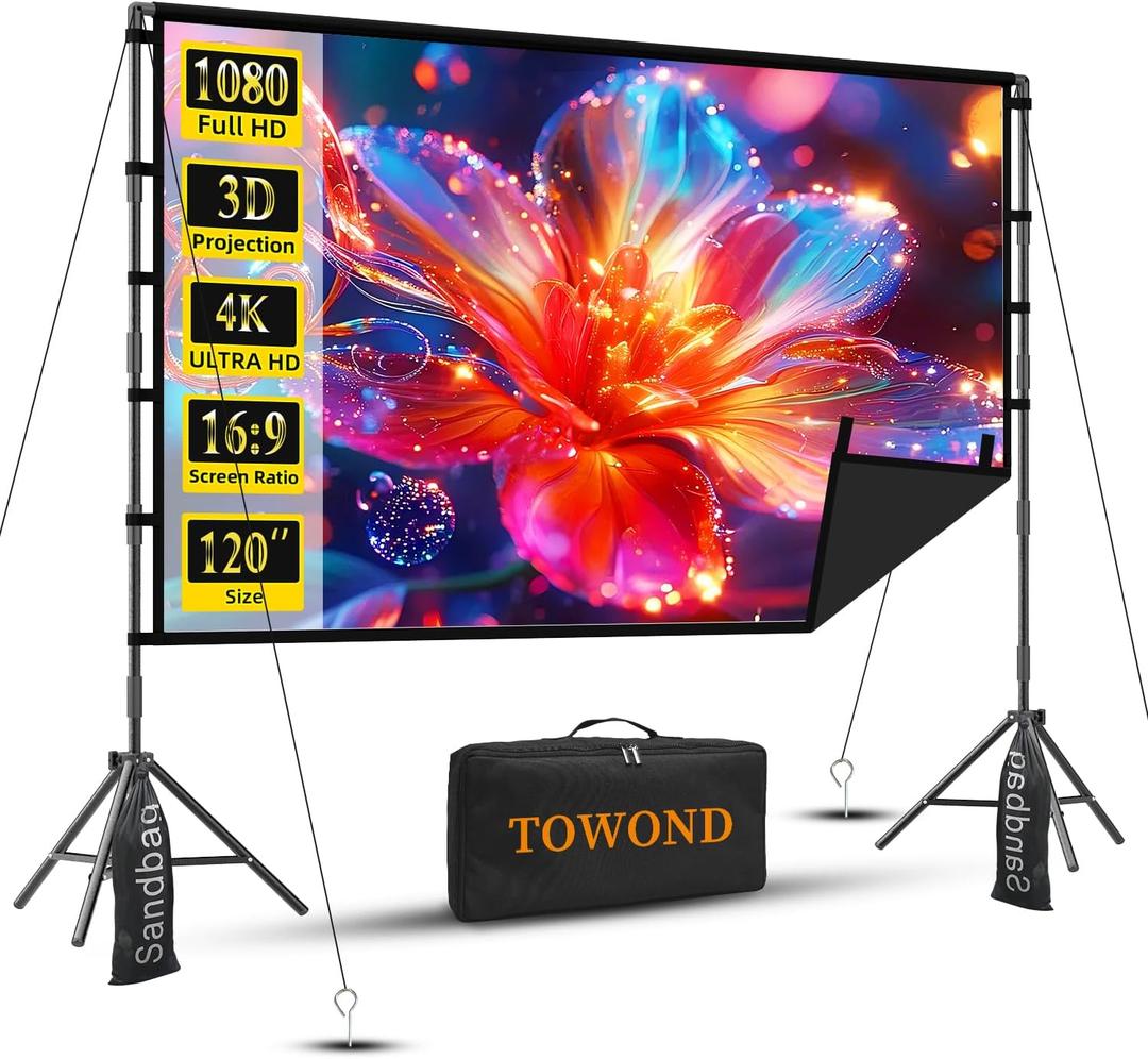 Projector Screen with Stand, TOWOND 120 inch Portable Projector Screen Black Backing, Outdoor Movie Screen 16:9 4K HD Wrinkle-Free Projection Screen with Carry Bag for Backyard Sports Viewing Parties
