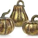 Hollyone Fall Pumpkin Decor 3 PCS Gold Resin Pumpkin Figurines Fake Pumpkins for Decorating Faux Pumpkins Fall Decorations Rustic Farmhouse Home Centerpiece for Thanksgiving Harvest Halloween Autumn