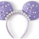 Pearl Mouse Ears Bow Headbands for Girls Kids Sparkle Hair Band Ear Headband Party Princess Trip Cosplay Costume Decor (Purple Pearl)