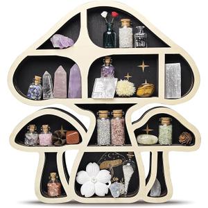 Wooden Mushroom Floating Shelves, Crystal Display Shelf for Wall, Cute Mushroom Wall Decor, Rock Gem Stone Storage Organizer, Essential Oil Holder Hanging Case, Meditation Art Spiritual Gift