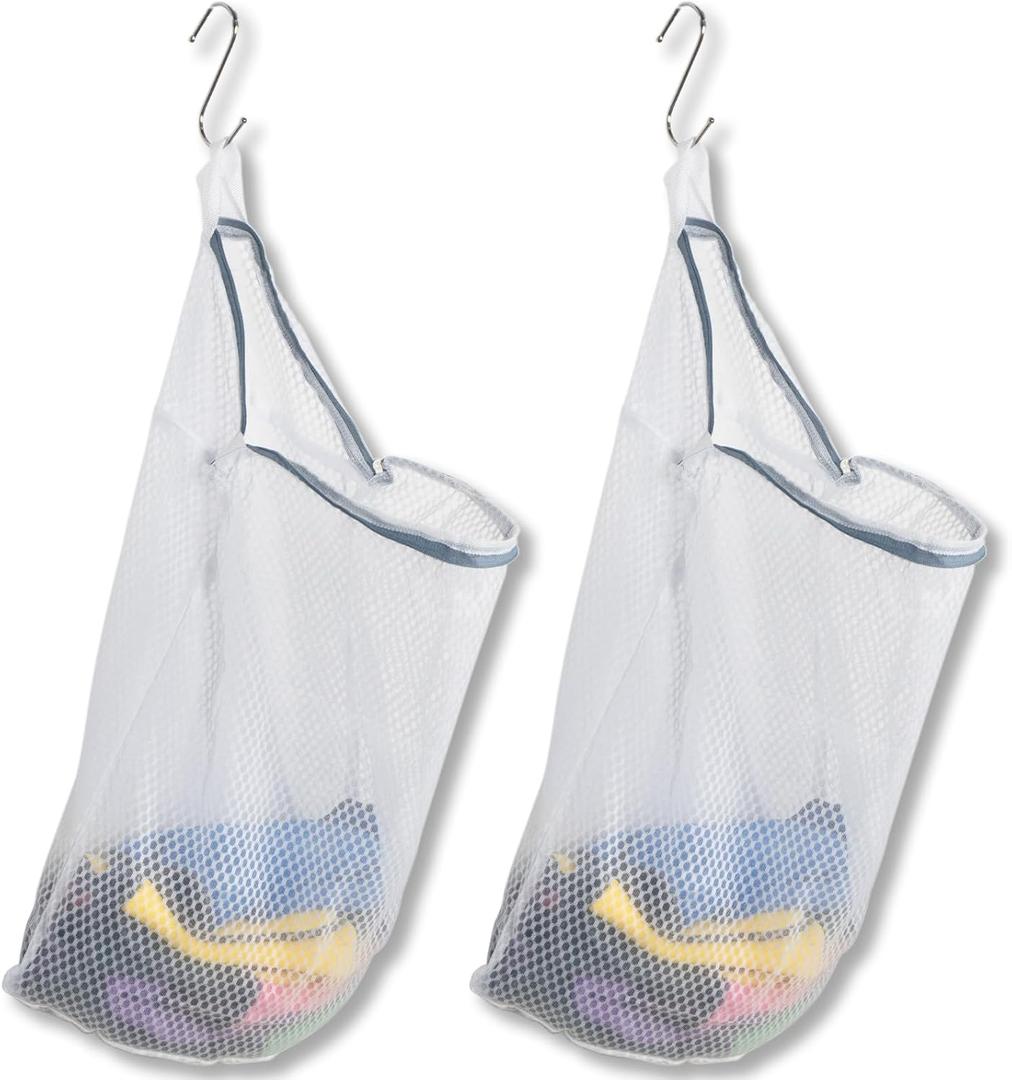 2Pcs Mesh Hanging Laundry Bags for Washing Machine, 15 X 12 inch Wash Bag for Clothes Delicates Lingerie with S Hooks