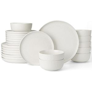 Famiware Starlight 24-Piece Plates and Bowls Sets for 8, Stoneware Dinnerware with Ribbed Textured, Handcrafted Reactive Glaze Dishes - Dishwasher & Microwave Safe, Chip/Scratch Resistant, Matte White