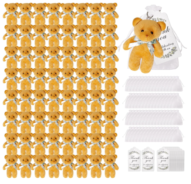 64 Sets Baby Shower Small Bears Bulk 4.72 Inch Tiny Plush Bear Party Favors with Thank You Tags and Mesh Bags for DIY Keychain Birthday Baby Shower Mini Stuffed Animals (Brown)