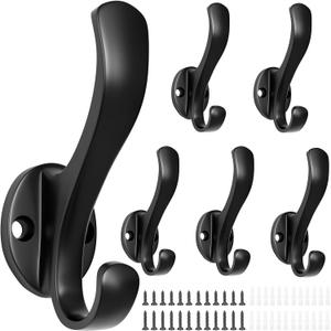Coat Hooks Heavy Duty - Easy to Install Metal Towel Hooks Screw-in Wall Hooks for Hanging Hat, Towel, Key, Robe, Scarf, Bag, Cap (6 PCS Black)