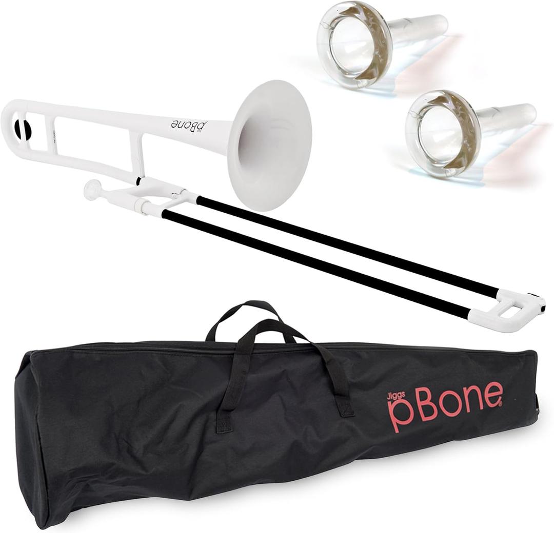 pInstrument Plastic pBone Trombone - Mouthpieces and Carrying Bag - Bb Authentic Sound for Student & Beginner - Durable ABS Construction - White