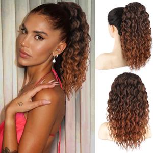 Curly Ponytail Extension Drawstring Ponytail for Women Natural Black Mixed Medium Auburn Curly Clip in Hair Extensions 16 Inch Ponytail Extension Synthetic Hairpiece for Daily Party (1B/30)