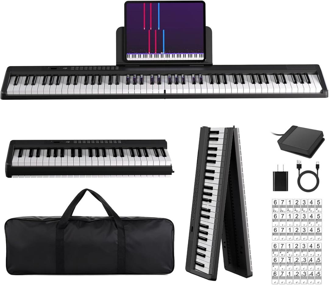 MARVTOWN Portable Folding Piano Keyboard, 88 Semi-Weighted Full Size Keys, Foldable Digital Piano, Electronic Keyboard Piano w/ MIDI Bluetooth&two speakers, Rechargeable Electric Keyboard Beginner