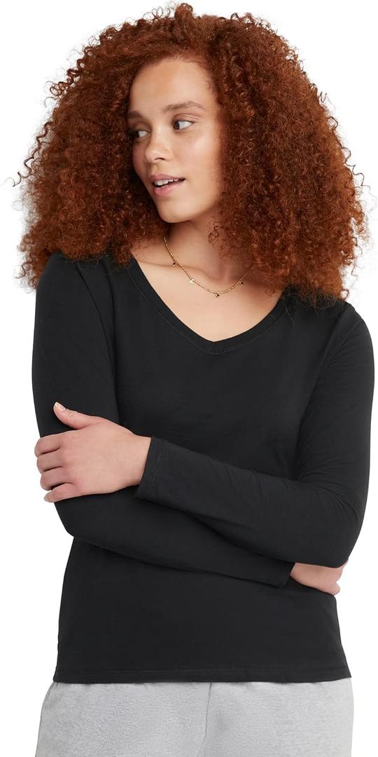 Hanes Women's Originals Long Sleeve Cotton V-Neck T-Shirt, Lightweight V-Neck Tee, Modern Fit Size S
