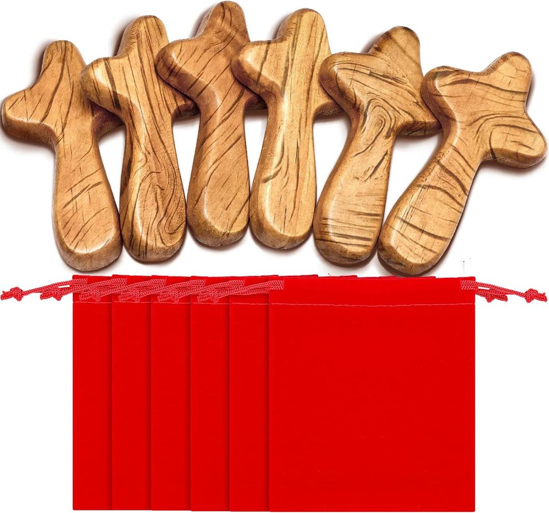 6 Sets Small Hand Held Pine Wooden Cross with Velvet Bag Pocket Cross 4.1 Inches Portable Holding Wood Pocket Cross Clinging Cross Jesus Cross Gift for Prayer Palm Size Men Church Gift (Light Brown)