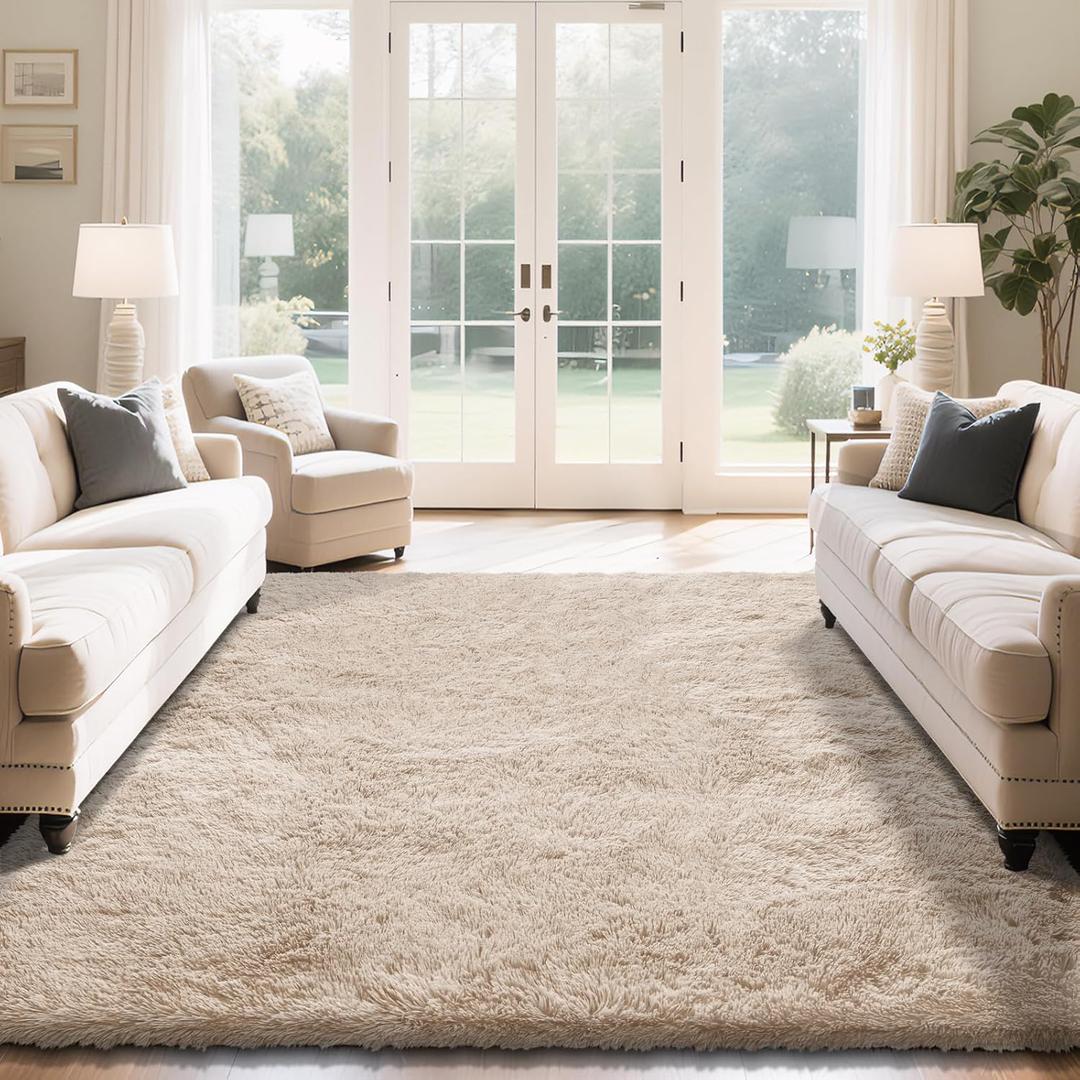 Fluffy Rug Shaggy Area Rug, Beige 8x10 Area Rugs for Living Room, Large Shag Area Rugs for Bedroom Kids Room Home Decor, Upgrade Anti-Skid Rectangular Fuzzy Rugs