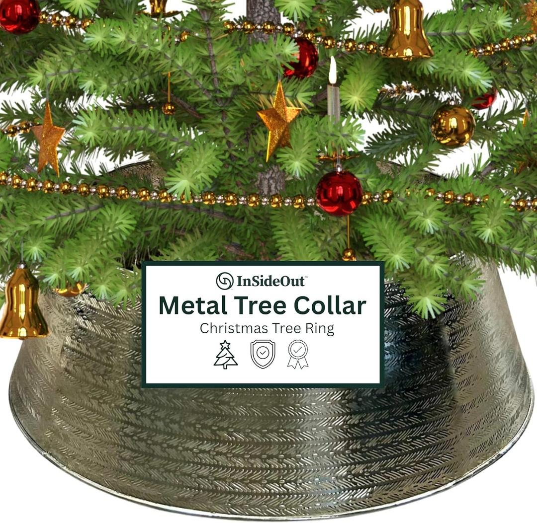 Inside Out Home Christmas Tree Skirt, Xmas Metal Tree Collar 27 Inch Diameter Base, Christmas Large Collar for Real or Artificial Tree, Xmas Decorations (Nickel)