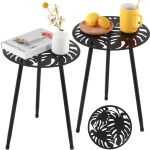 Metal Outdoor Side Tables Set of Two Small Outside Round End Table for Patio Modern Accent Garden Corner Table for Small Spaces, Balcony, Porch, Weather-Resistant, Plant Stand Indoor, Black