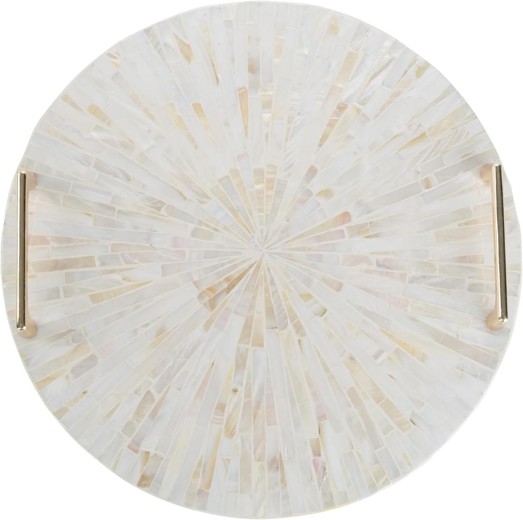 PEMAR Mother of Pearl Decorative Tray, 13" Round Display & Serving Tray with Gold Handles, Vanity/Perfume/Trinket Catchall for Dresser, Bathroom, Vanity Table (White Cream Sunlight Starburst Pattern)