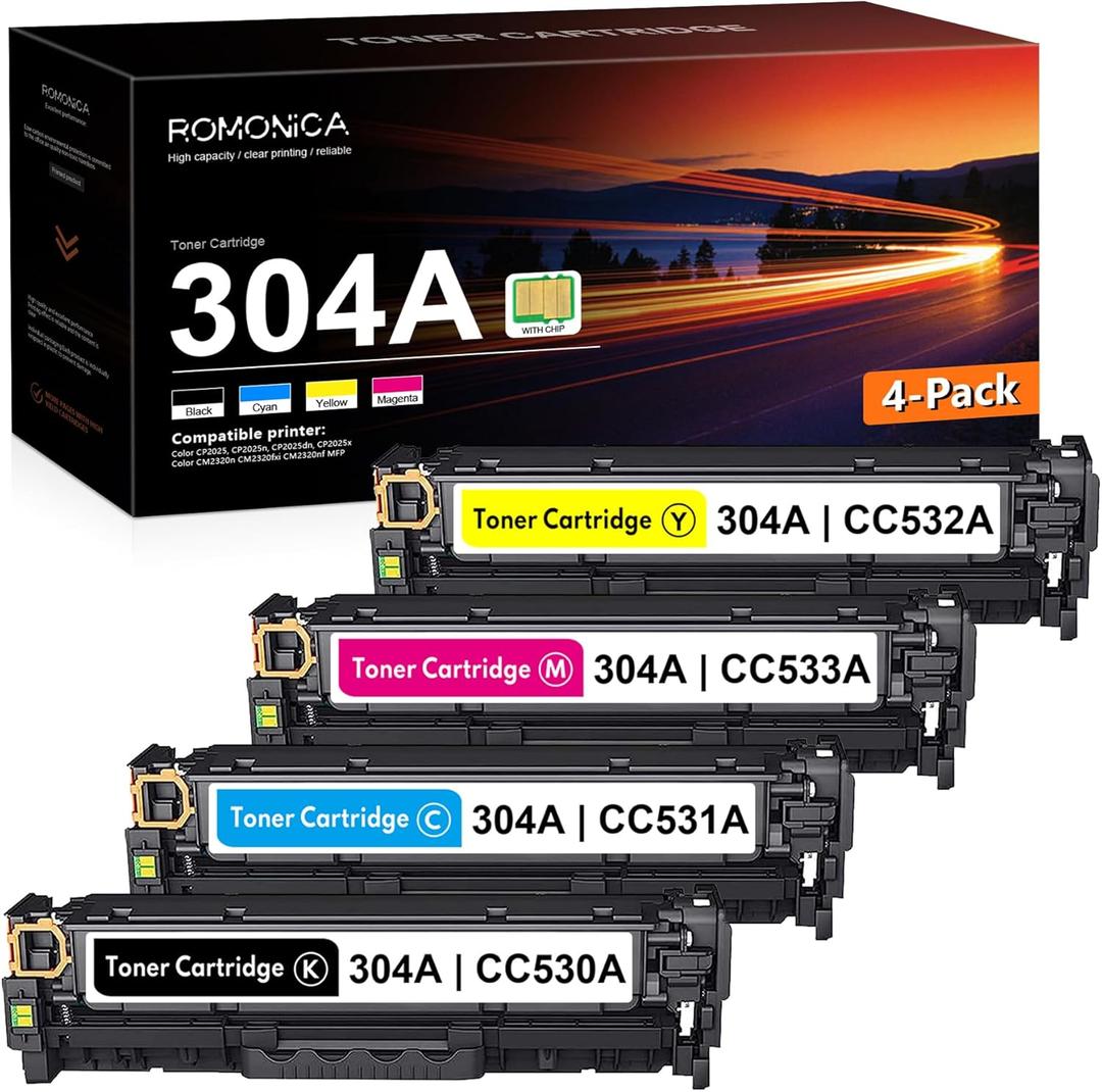 304A CC530A CC531A CC532A CC533A Toner Cartridge Set BK,C,M,Y Replacement for HP 304A Toner Color CM2320n CM2320fxi CM2320nf MFP, CP2025 CP2025n CP2025x CP2025dn Printer Ink 4-Pack
