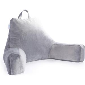 LINENSPA Reading Pillow with Shredded Memory Foam- Back Pillow for Sitting in Bed, Reading, Gaming, Watching TV  Bed Chair Pillow with Arms X-Large, Dorm Room Essentials, Stone
